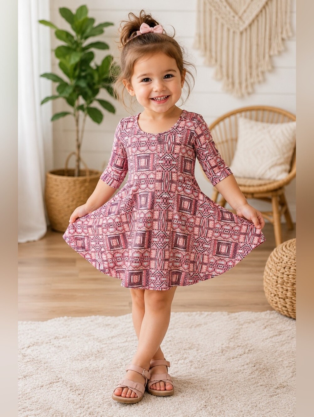 Lularoe Adeline Girls Dress Size 2T Pink Geometric Aztec Print Swing Dress